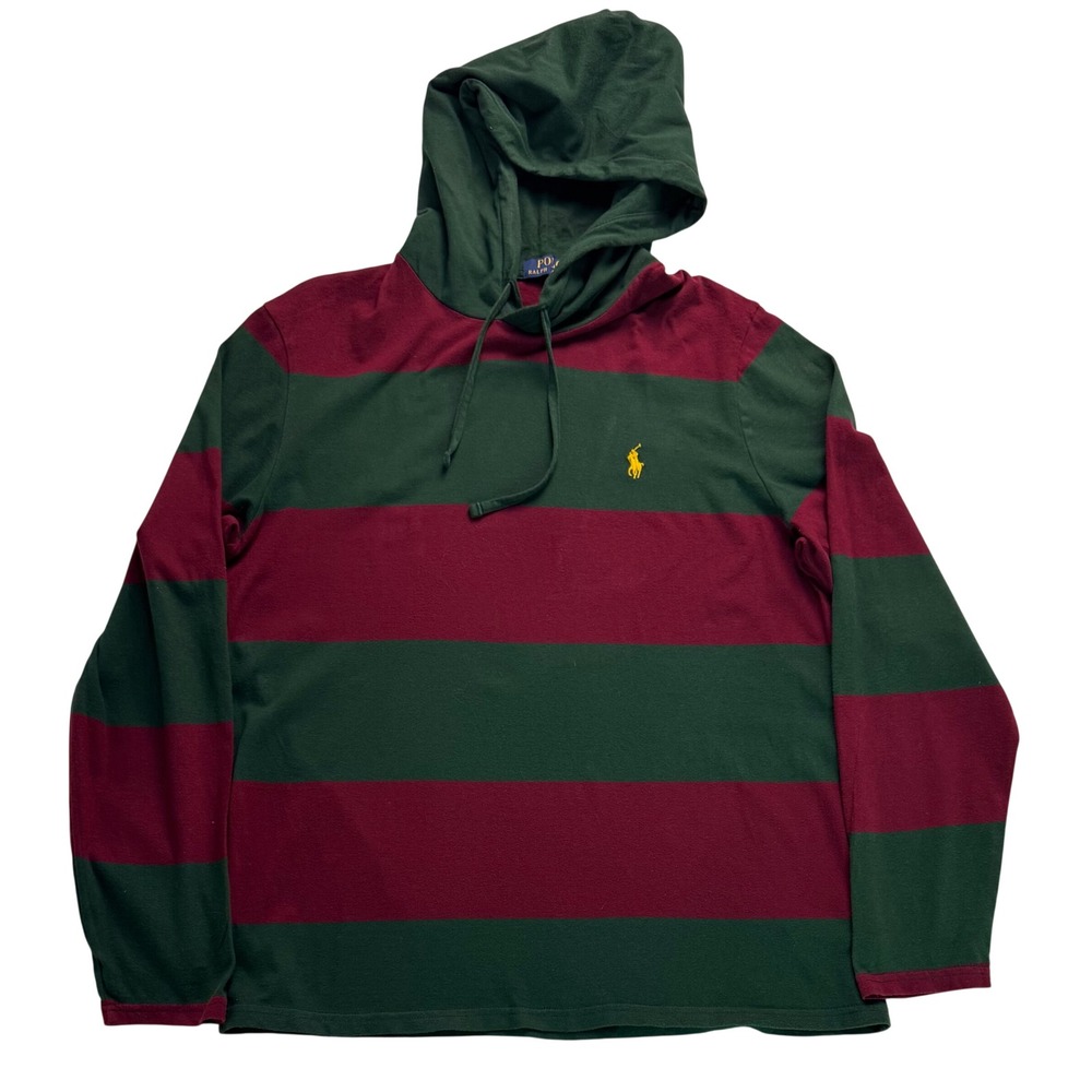 Polo Ralph Lauren Mens Green Burgundy Striped Long Sleeve Hooded T-Shirt Large